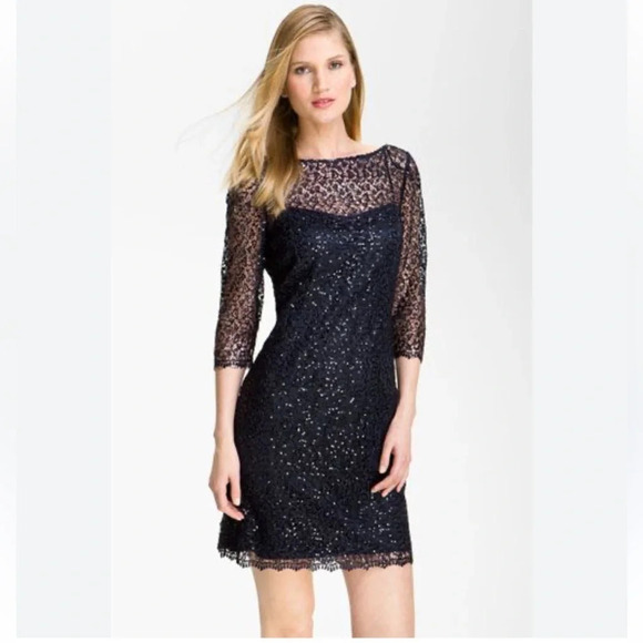 Kay Unger Sequin Lace Sheath Dress Long Sleeve Cocktail  Evening Navy Blue 6 - Picture 1 of 14